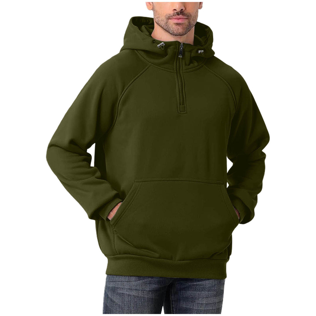 Close-up of the half-zip collar and hood detail on a men’s sweatshirt