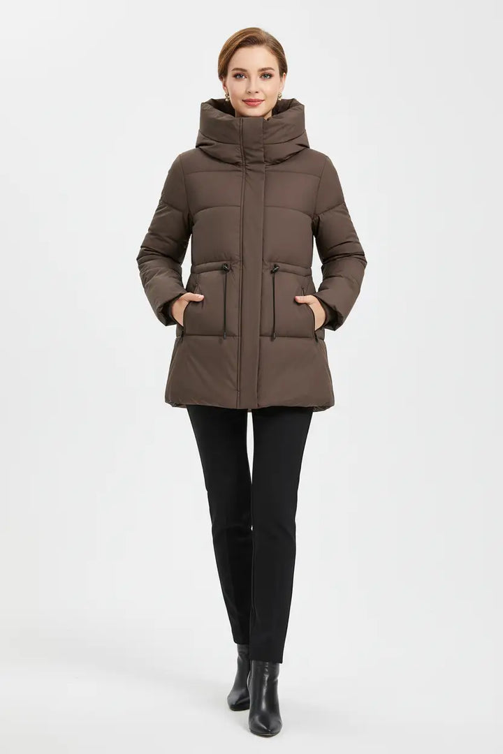 women’s mid-length hooded cotton coat khaki back view structured drape outdoor winter context