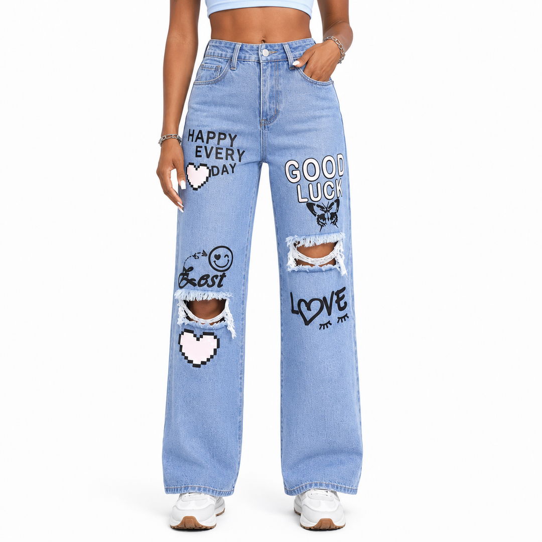 Casual wide leg jeans for women with distressed print, raw hem, cotton blend feel, and modern relaxed denim styling for women