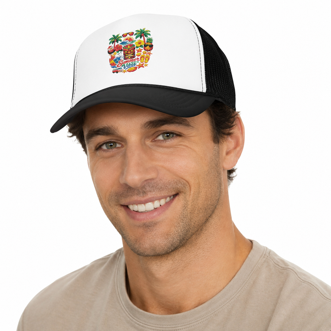 Premium unisex trucker hat with white foam front, black mesh back, curved visor and colorful Summer Vibes tropical graphic.