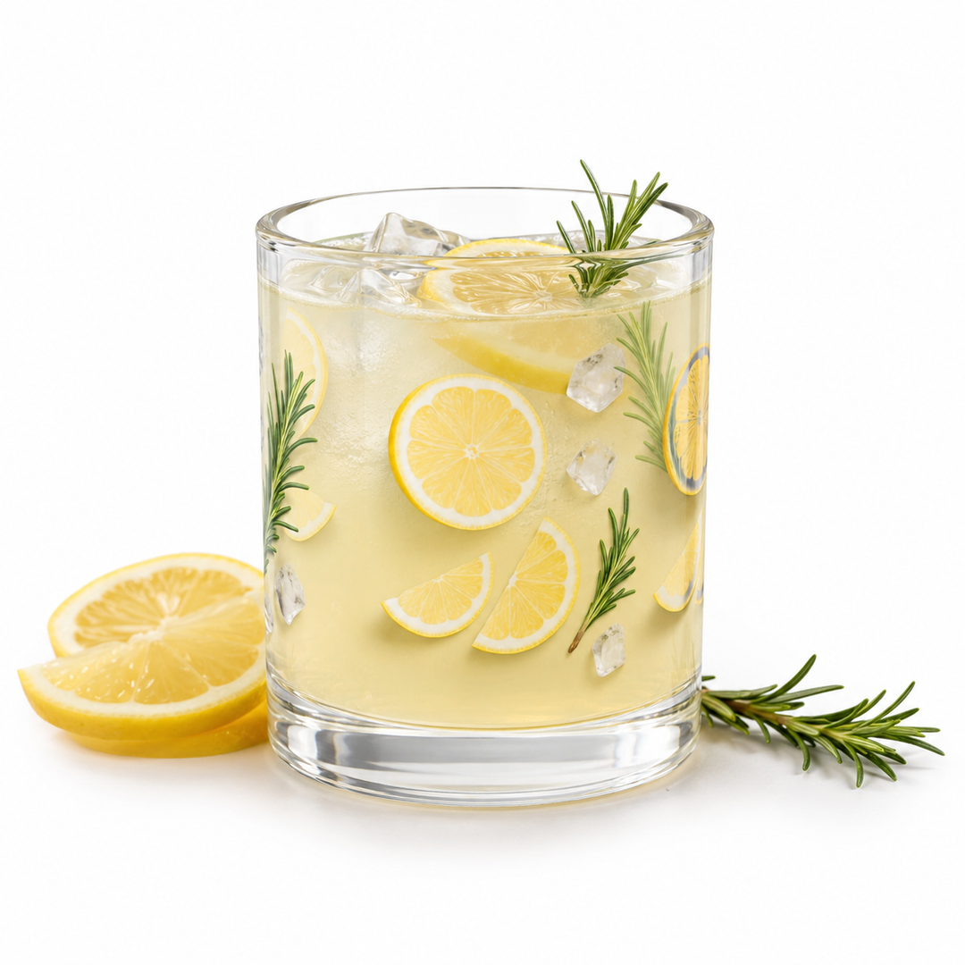 Clear glass mug with lemon and rosemary print, thick base, and polished transparent finish