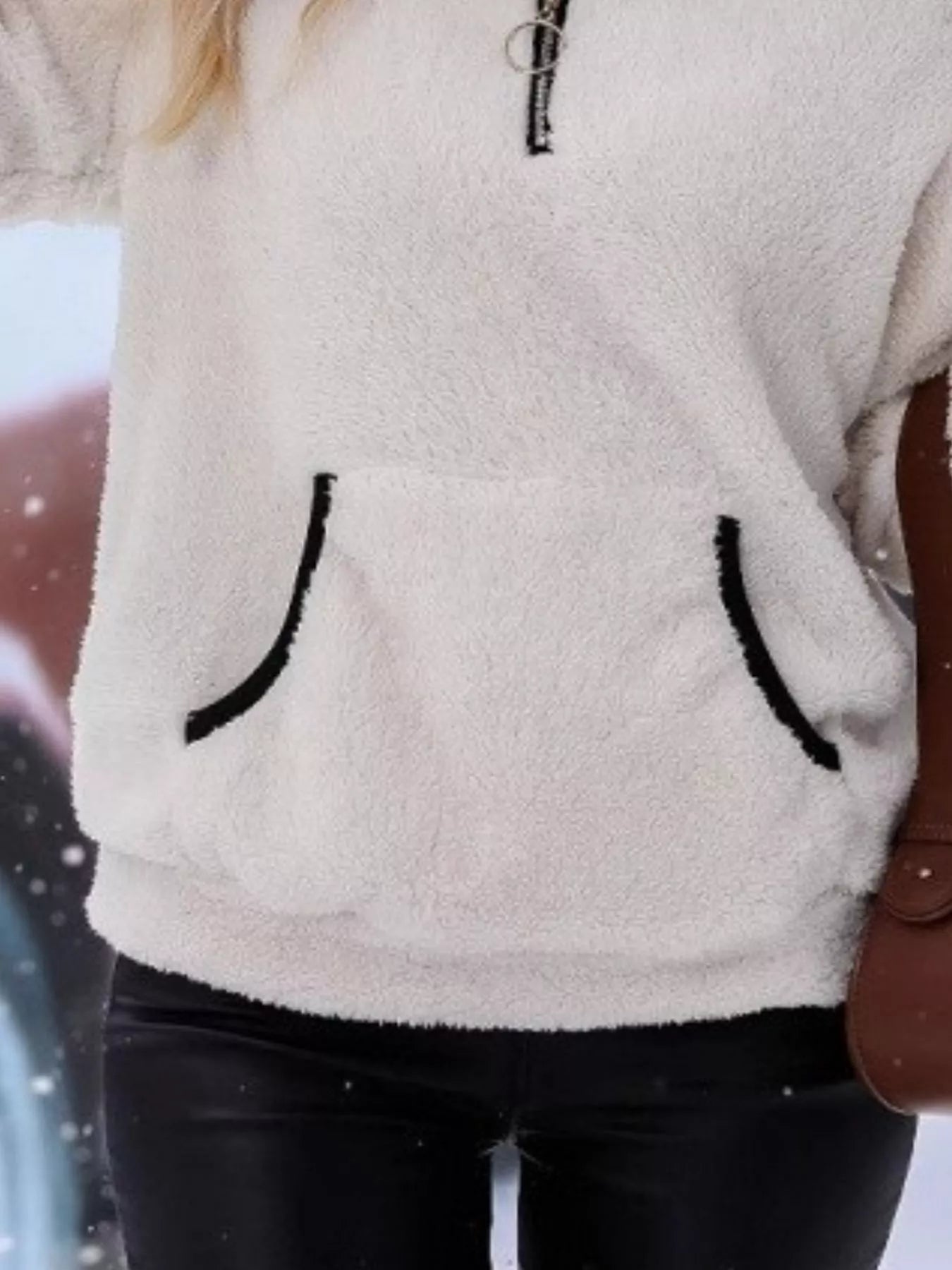 fleece quarter zip sweatshirt with pockets, relaxed drop shoulder fit on curvy model styled with boots for cold weather