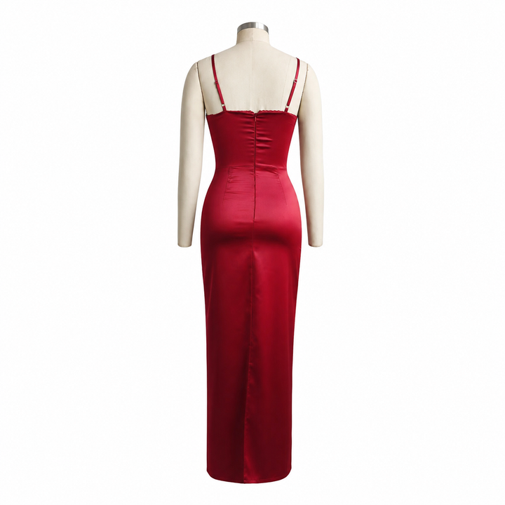 Red Evening Dress - Wine Satin Sleeveless Backless Gown