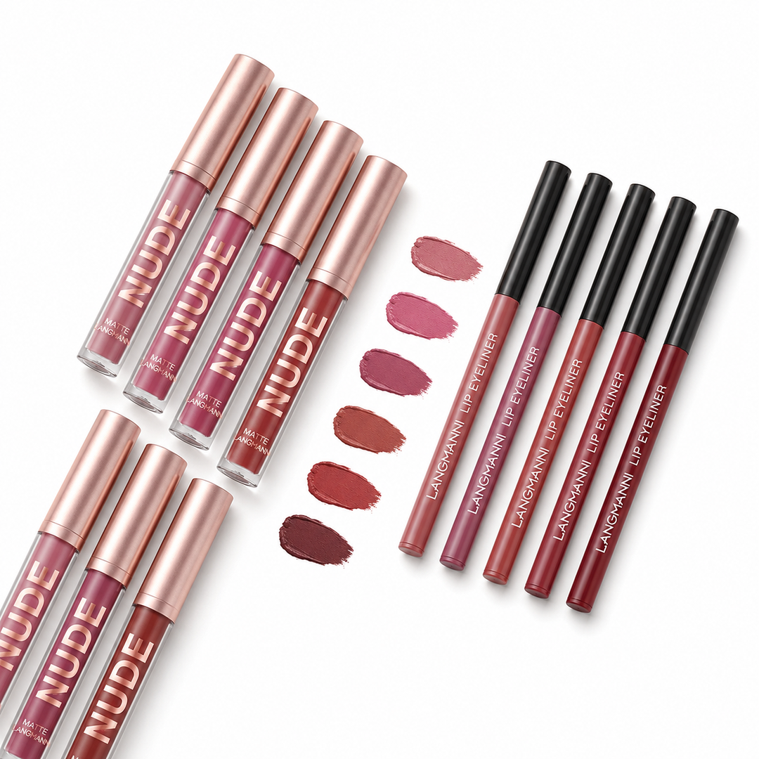 Non-stick matte lipstick and lip liner set with 12 matching pieces for shaping lip edges and completing polished makeup looks
