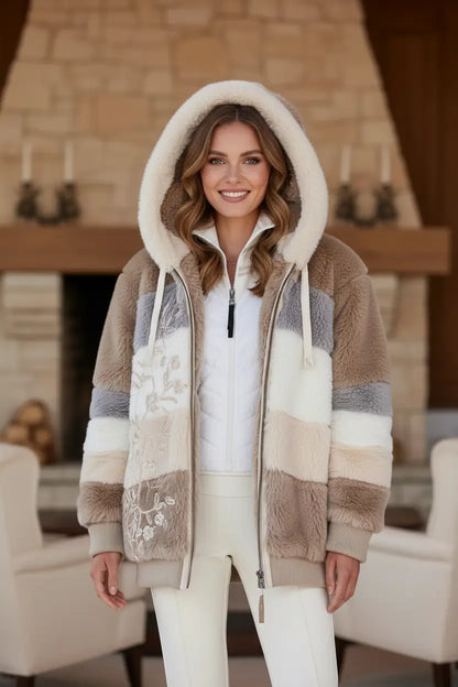 fuzzy hoodies plus size hoodies detail shot of zipper track and stitching, highlighting tidy construction and lining
