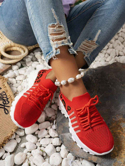 Leopard Cutout Mesh Lace-Up Sneakers - Stylish Flats