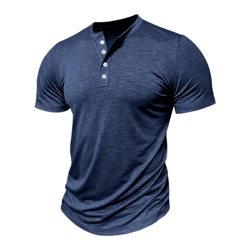 henley shirt catalog image 4 showing Henley neckline and short sleeves with product information and available choices online.
