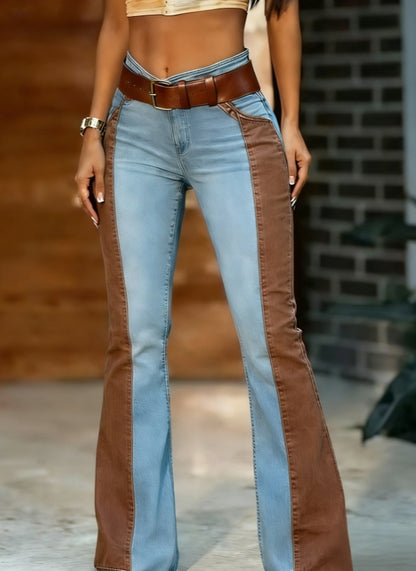 High waist contrast jeans women fitted hips flared hem