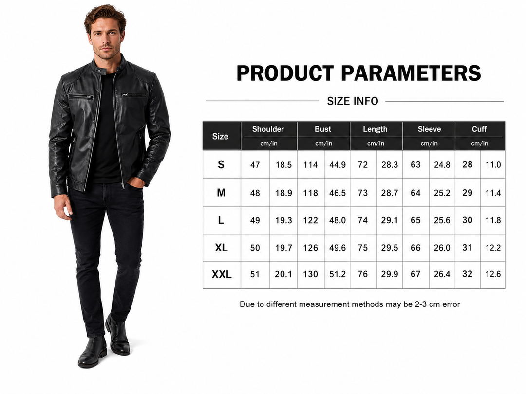 Mens leather jacket in sizes S to XXL with genuine black leather, slim fit, stand collar and zip closure for versatile style