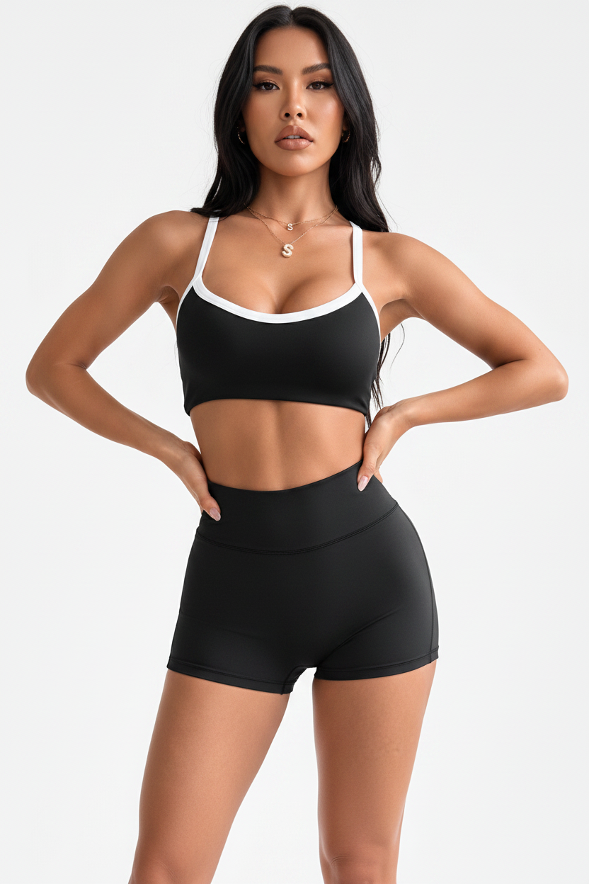 Close-up of smooth polyamide cami top from women's activewear set, showing fabric texture
