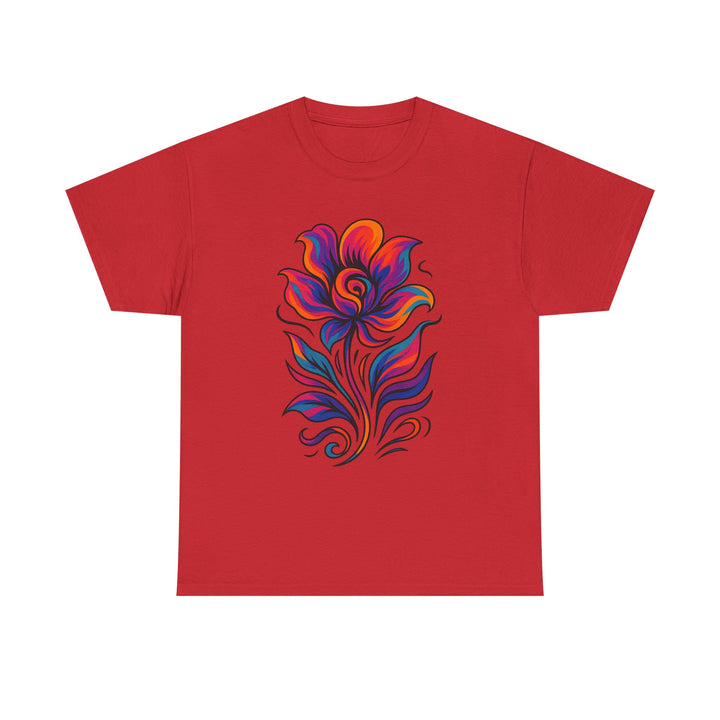 Red t-shirt with a colorful floral design on a white background
