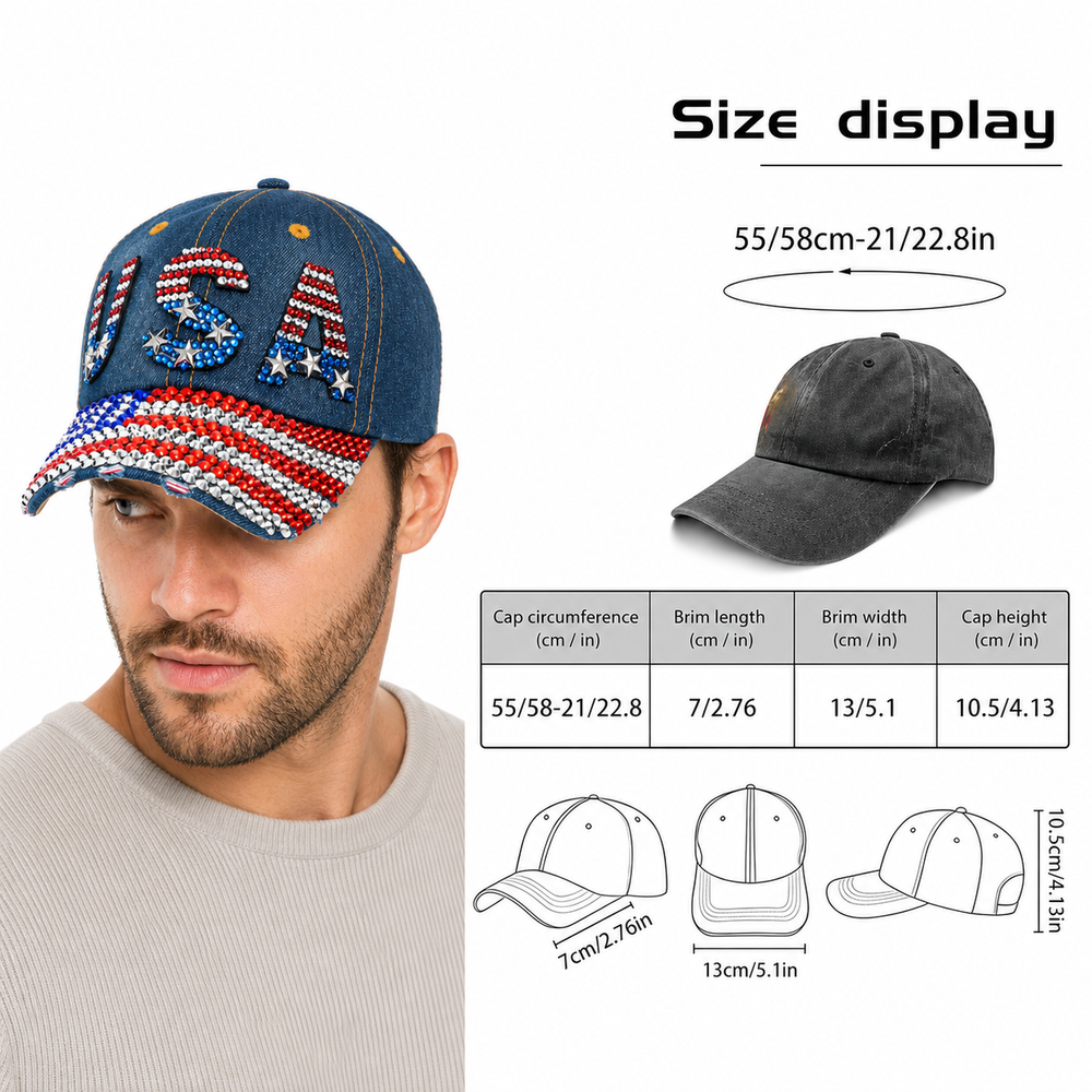 Navy rhinestone baseball cap with USA-inspired red, white and blue crystal details on washed denim and a classic curved brim.
