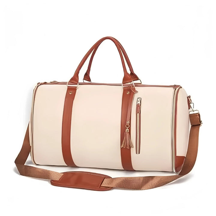Travel clothing bag with zipper closure, adjustable strap and interior compartments for business trips and organized packing.
