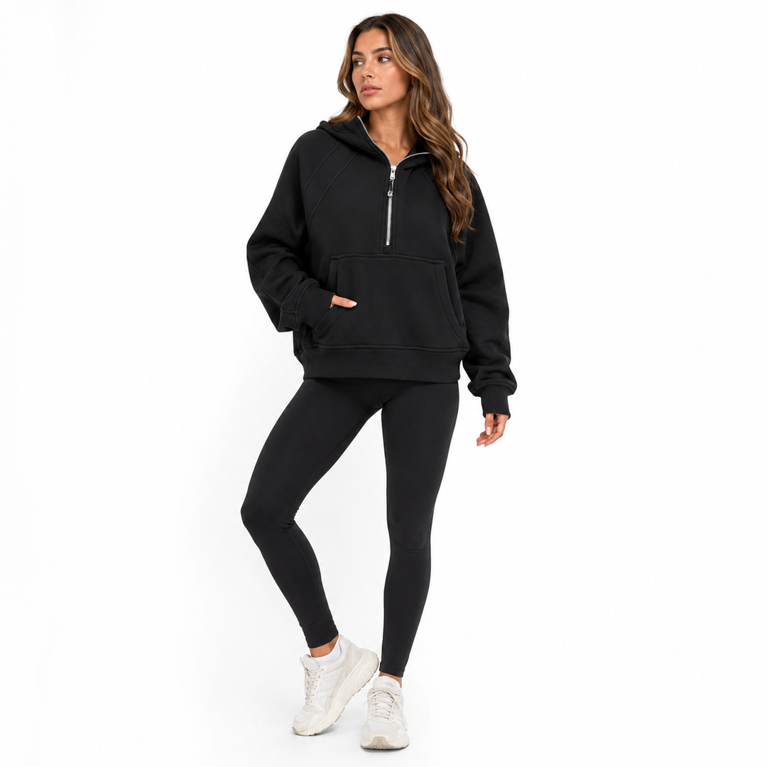 Solid color zip up hoodie for women with roomy pockets, soft polyester feel and relaxed casual shape and easy style for women