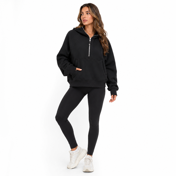 Solid color zip up hoodie for women with roomy pockets, soft polyester feel and relaxed casual shape and easy style for women