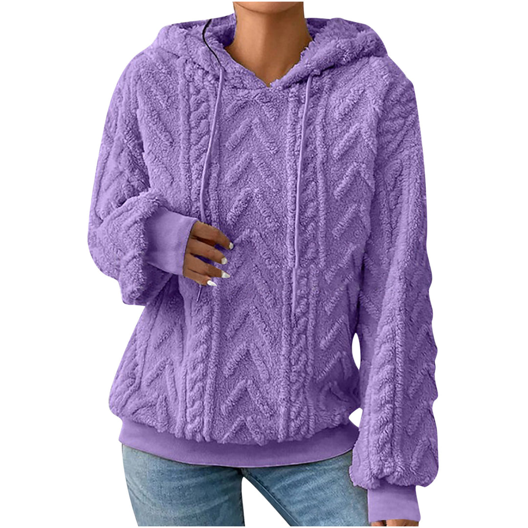 Purple textured hoodie on a model, shown from the front. The textured fabric is pictured in detail in the product photograph.