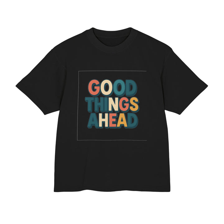 Good Things Ahead women cotton tee styled on model, showing front graphic, comfy loose fit, and everyday casual outfit appeal