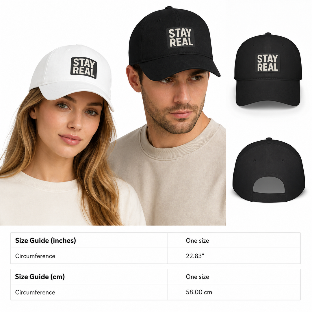 Stay Real cotton twill baseball cap with low profile fit, soft breathable feel and adjustable unisex back closure for comfort