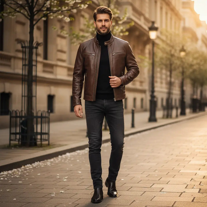 faux leather motorcycle jacket men structured shoulders detail