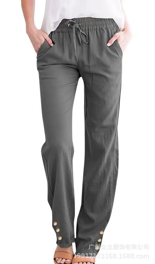 Women’s Cotton Linen Wide-Leg Trousers–Drawstring Pants