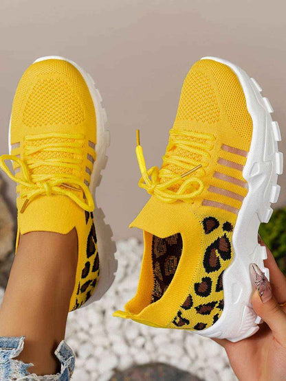 Leopard Cutout Mesh Lace-Up Sneakers - Stylish Flats