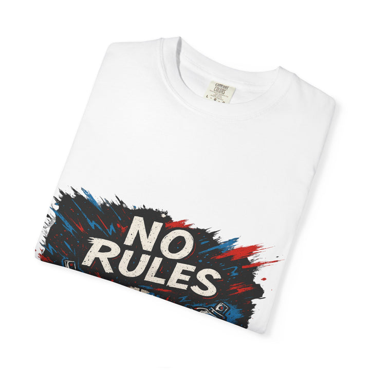 Close detail of the No Rules statement print on a garment-dyed unisex tee designed for bold and easy everyday outfit building
