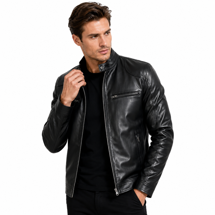 Black genuine leather jacket for men with refined stand collar, sleek silhouette, front zip closure and useful pocket design.