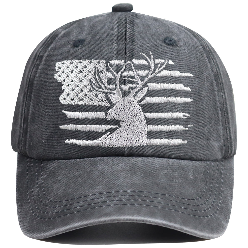 Close-up texture showing soft washed cotton weave and stitched American flag deer embroidery detail