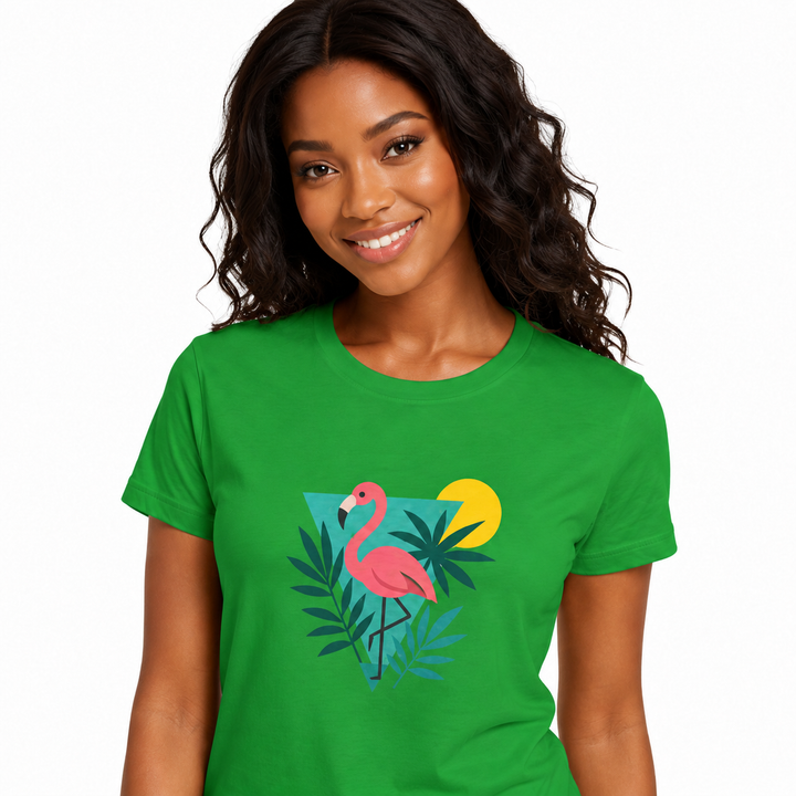 Tropical graphic tee for women with flamingo print, soft fabric feel, and versatile styling for casual beach-to-brunch looks.