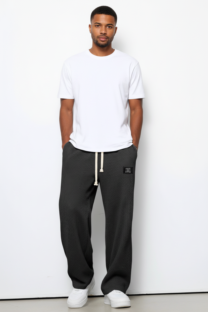 waffle straight pants men back view clean straight leg design