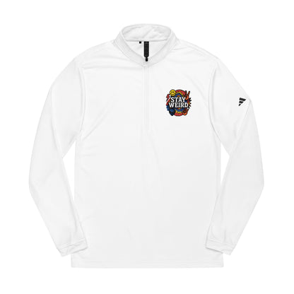 White unisex quarter-zip pullover with Stay Weird logo