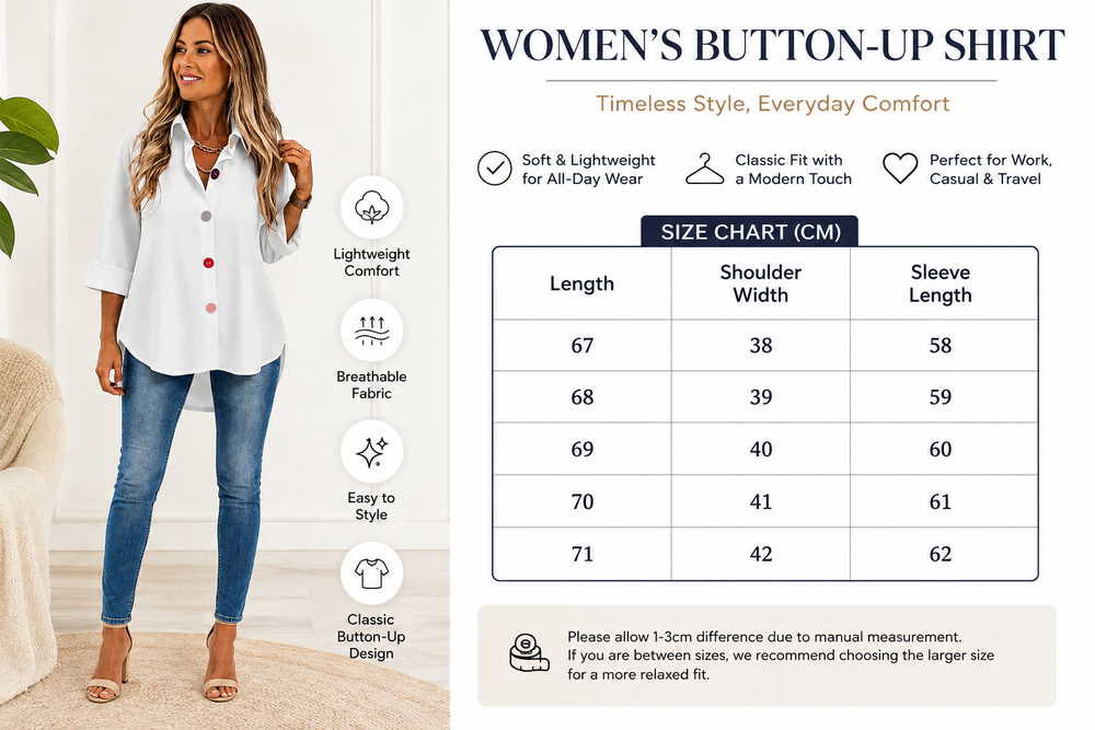A size chart and fit guide for a women's button-up shirt, featuring a model wearing a white button-up shirt with red buttons and blue jeans on the left, and a detailed size chart table on the right showing measurements in centimeters for length, shoulder width, and sleeve length.