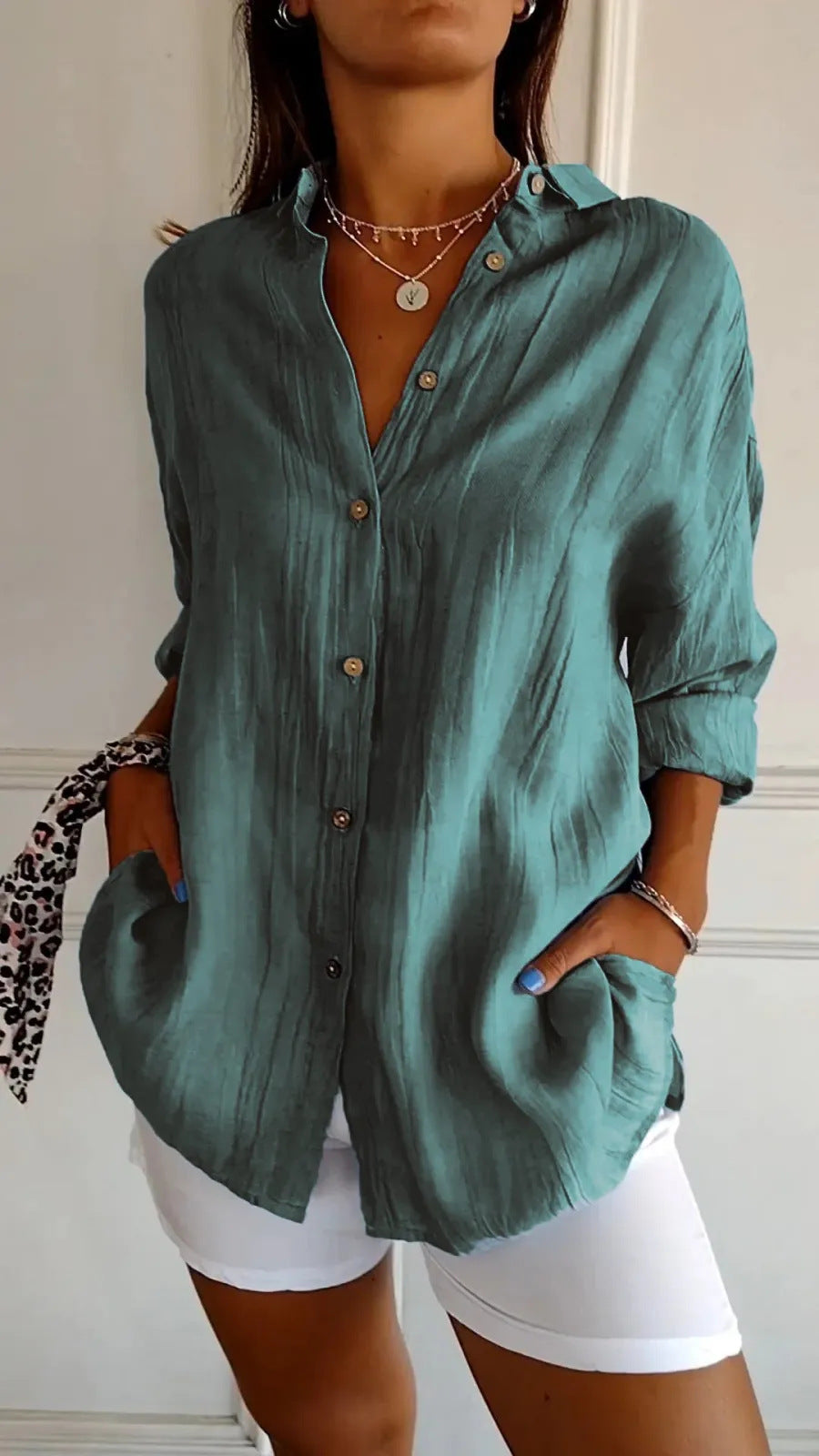 Women's Pleated Long Sleeve Shirt - Polished Loose Fit