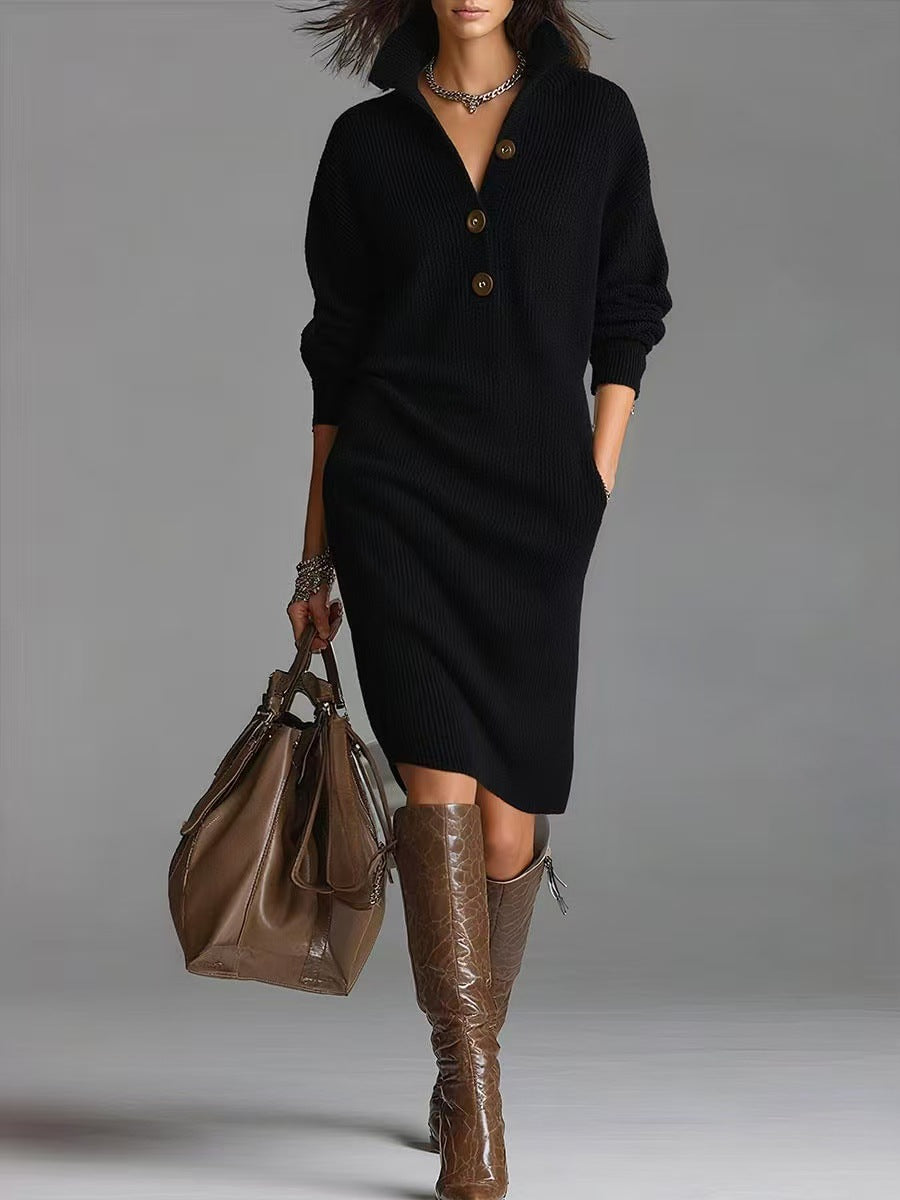 Detail of stand collar V-neck on long sleeve sweater dress with buttons, quiet luxury knit design for cold weather looks