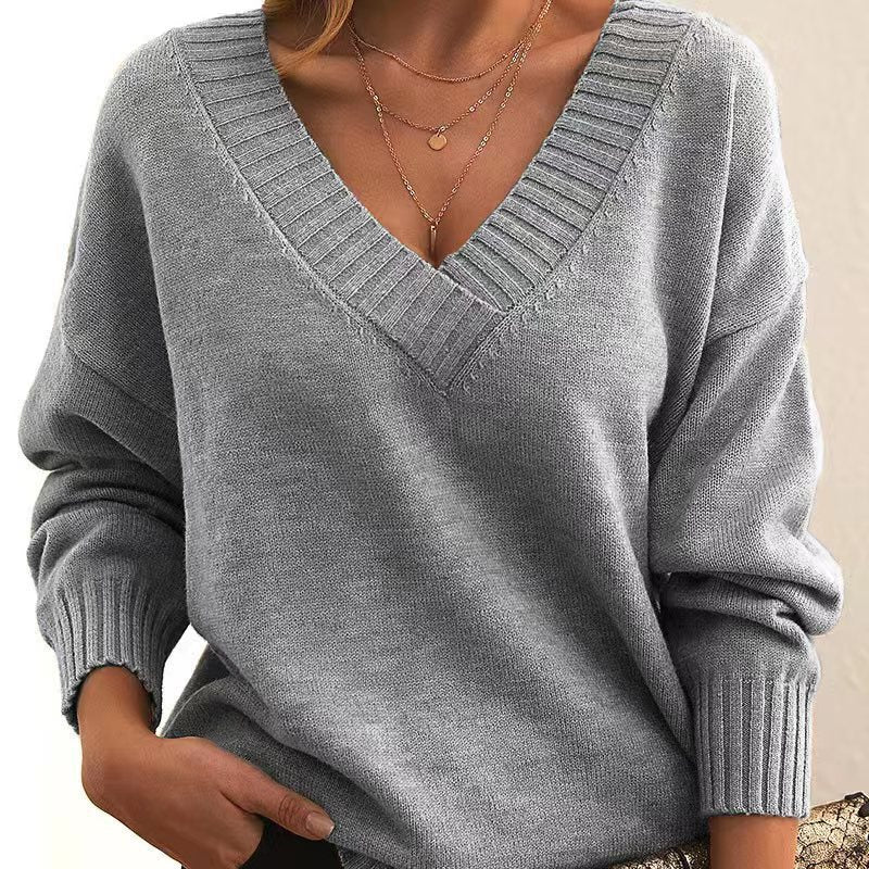 Women’s V-Neck Sweater   Cozy Loose Knit for Autumn &amp; Winter