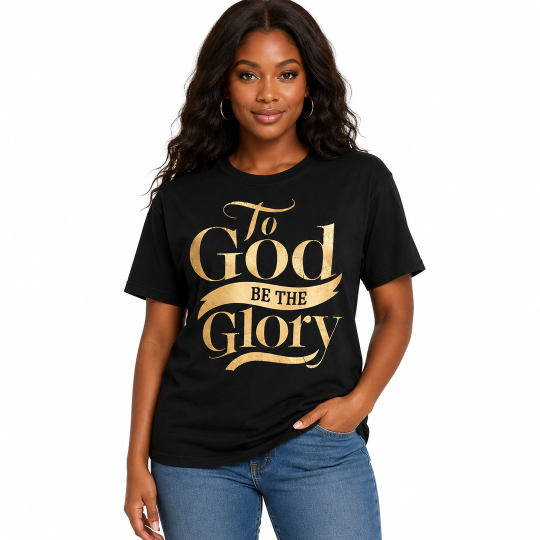 Unisex Christian tee shown as a simple black summer casual top with soft feel and faith-based gold lettering detail for style
