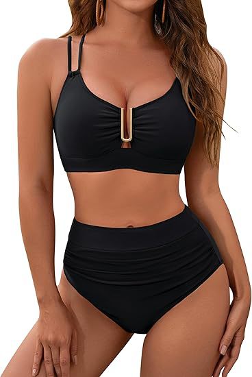 Women’s swimsuit with ruched front detail, double straps, and flattering fitted shape