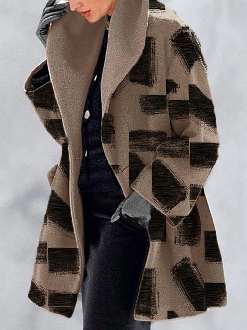 Womens Jackets - Retro Printed Lapel Coat, Cotton Blend