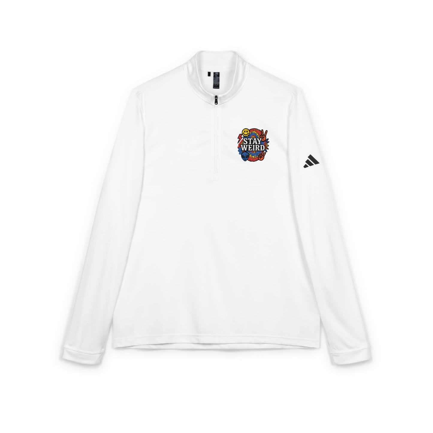 White unisex quarter-zip pullover with graphic patch