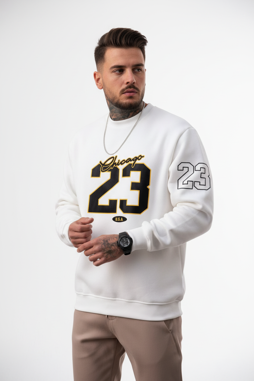 men fleece sweatsuit set side profile relaxed silhouette urban setting