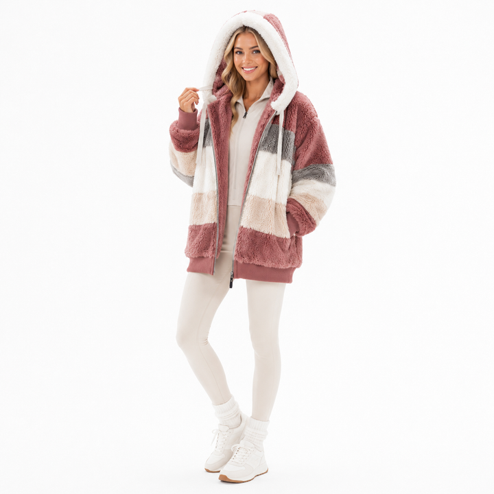 Fuzzy zip ups for women plus size with drawstring hood, pocketed front and lined body for relaxed everyday outfits.