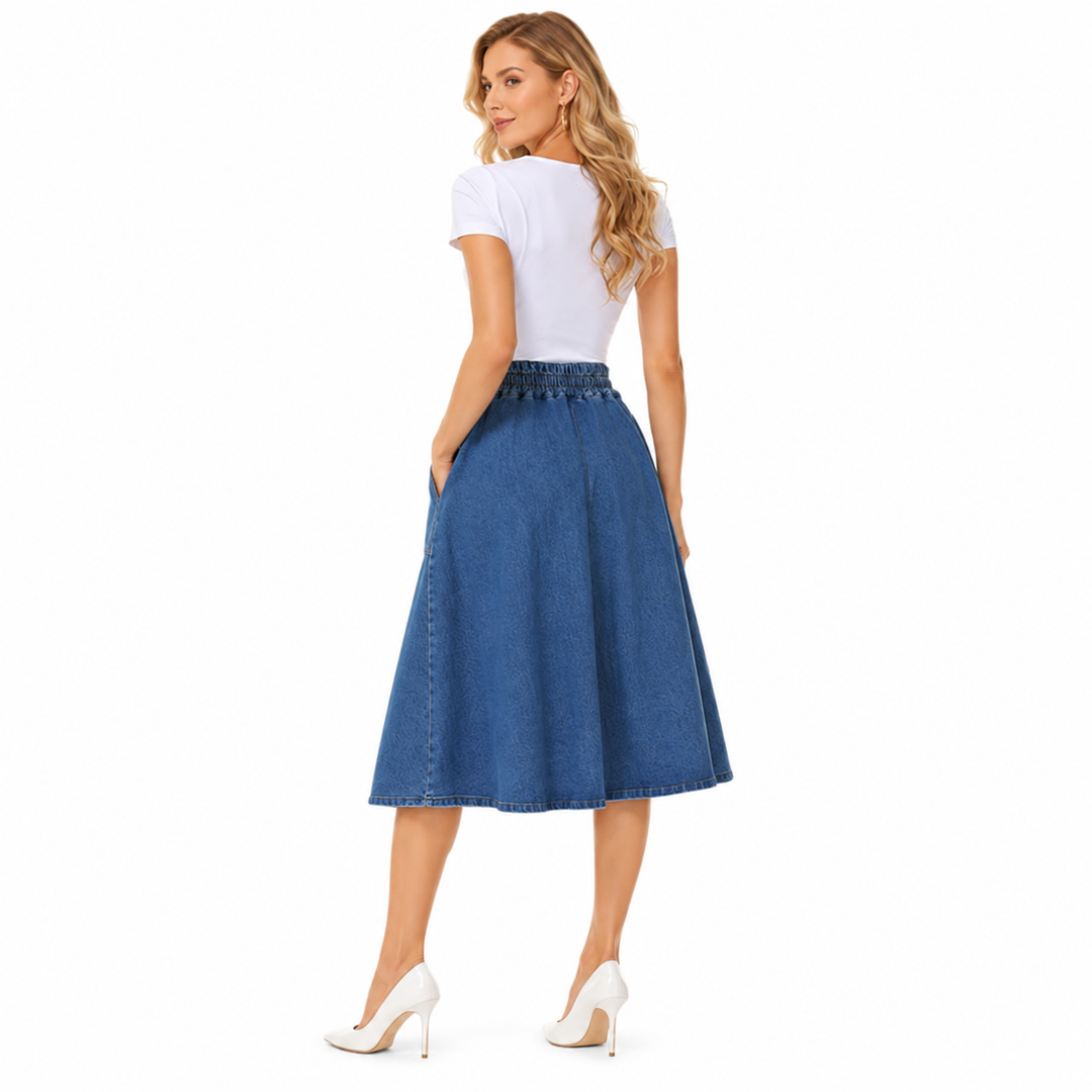 Womens high waist denim skirt with removable belt, classic blue tone and casual day to evening outfit appeal for modern women
