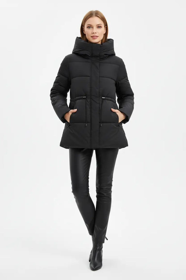 women’s mid-length hooded cotton coat hood detail regular sleeve minimal design aesthetic