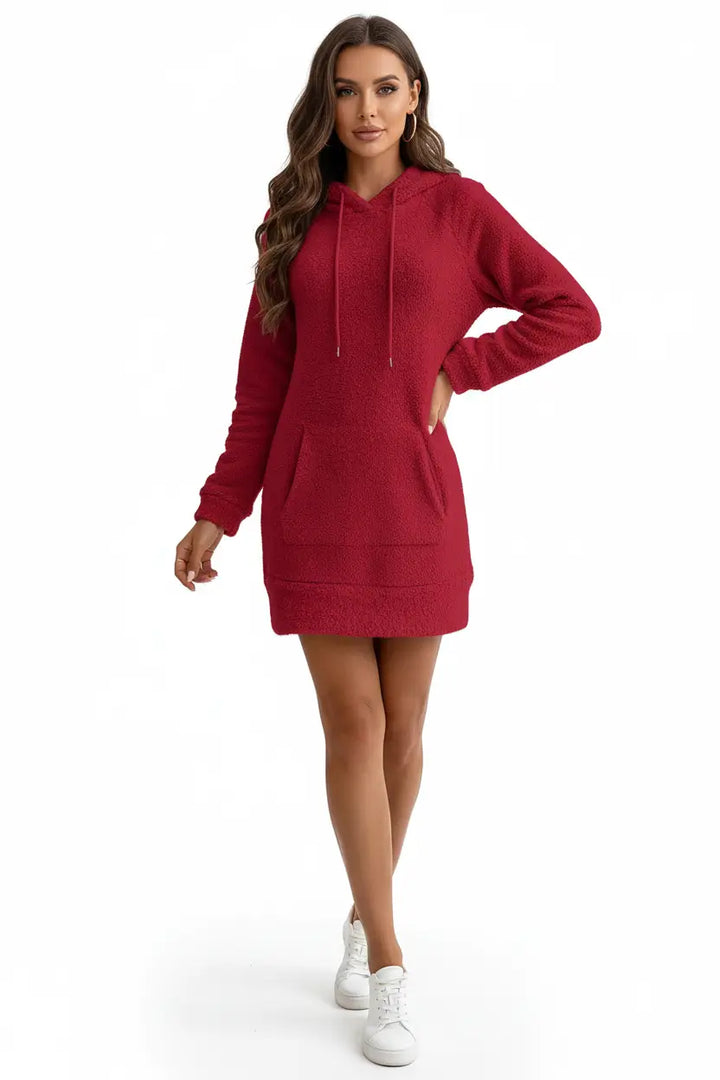 velvet hoodie dress red version showcasing drawstring hood detail close view