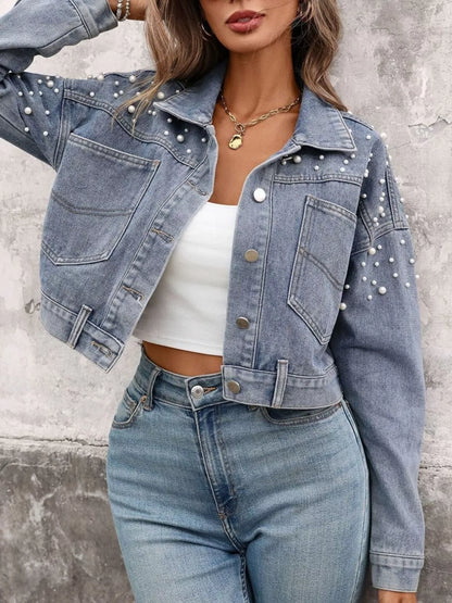 pearl embellished cropped denim jacket button closure detail refined look