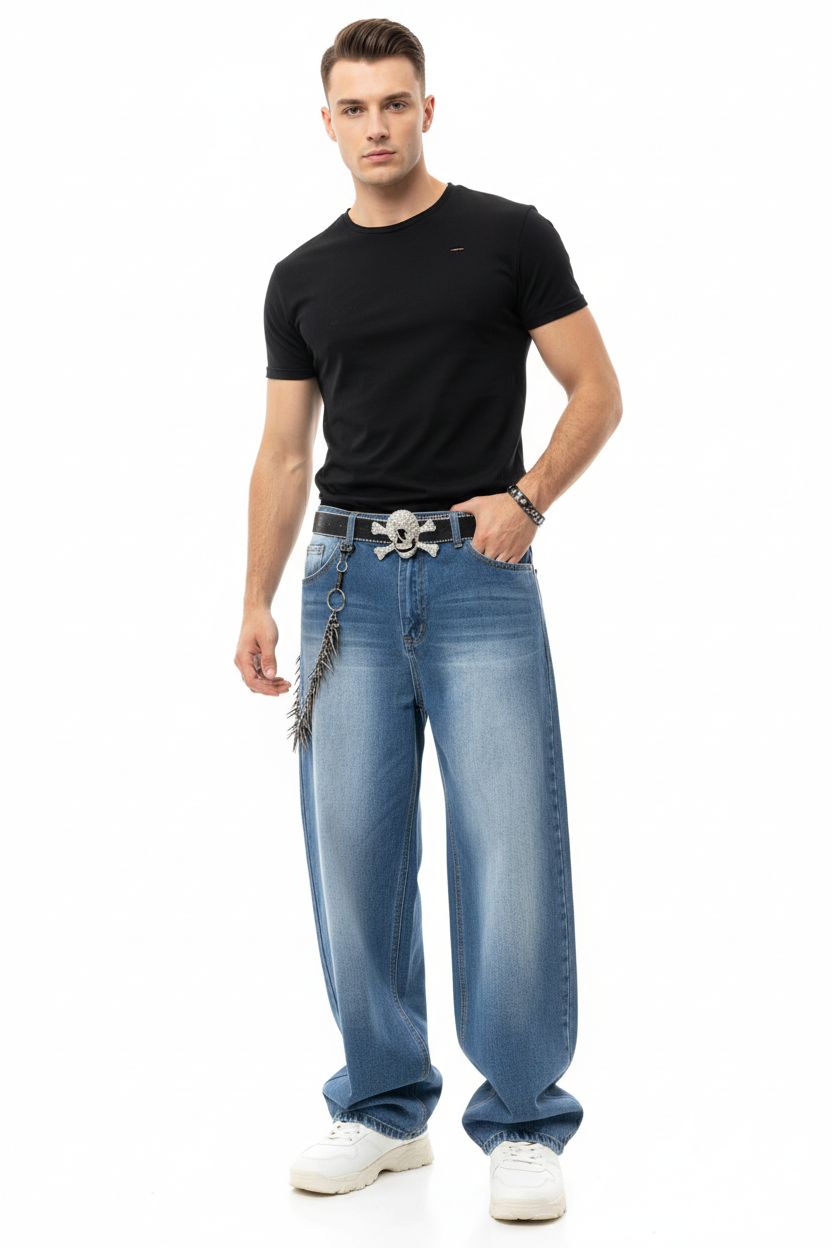 Sky blue denim jeans men full-length relaxed straight leg urban casual everyday outfit cotton fabric breathable
