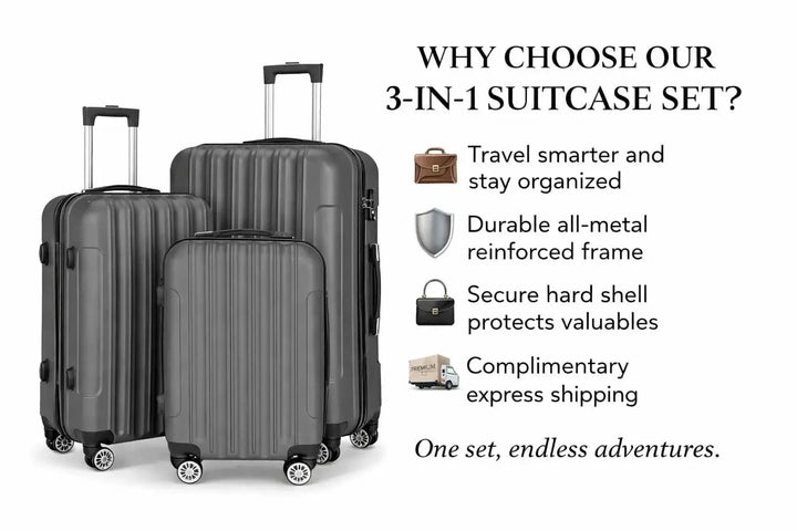 multifunctional luggage set three piece configuration arranged together on neutral background