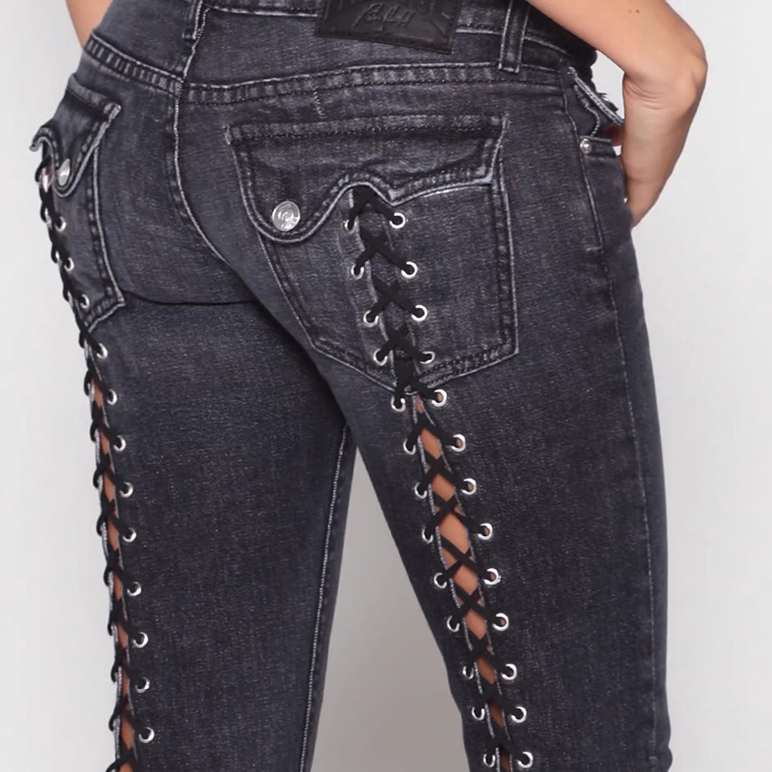 Lace-up bootcut jeans product image showing the existing Retro Black design for visual selection shown for product selection.