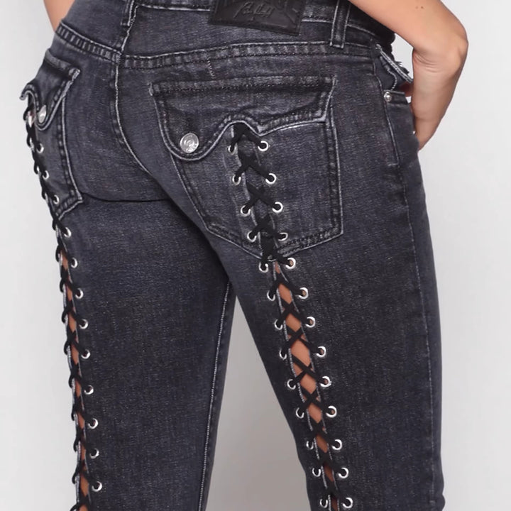 Lace-up bootcut jeans product image showing the existing Retro Black design for visual selection shown for product selection.
