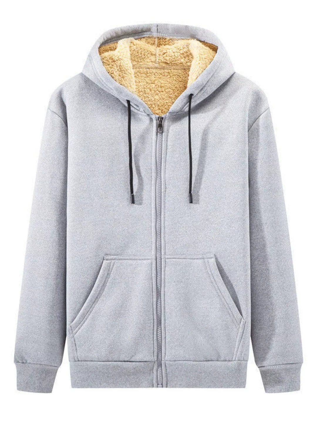 mens plus size sherpa lined zip hoodie zipper detail and pocket construction in casual outdoor context